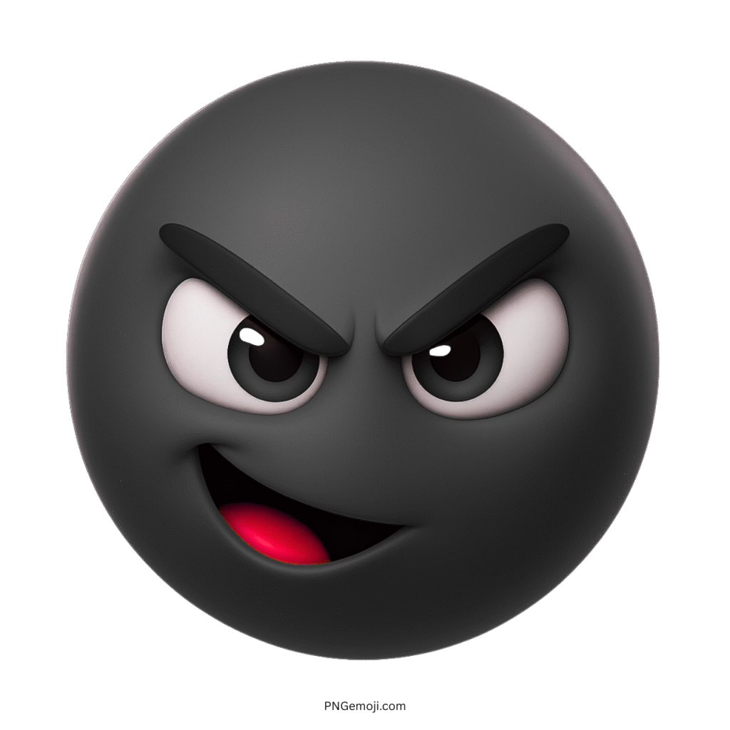 Black 3D emoji with sly smirk and raised evil-looking eyebrows