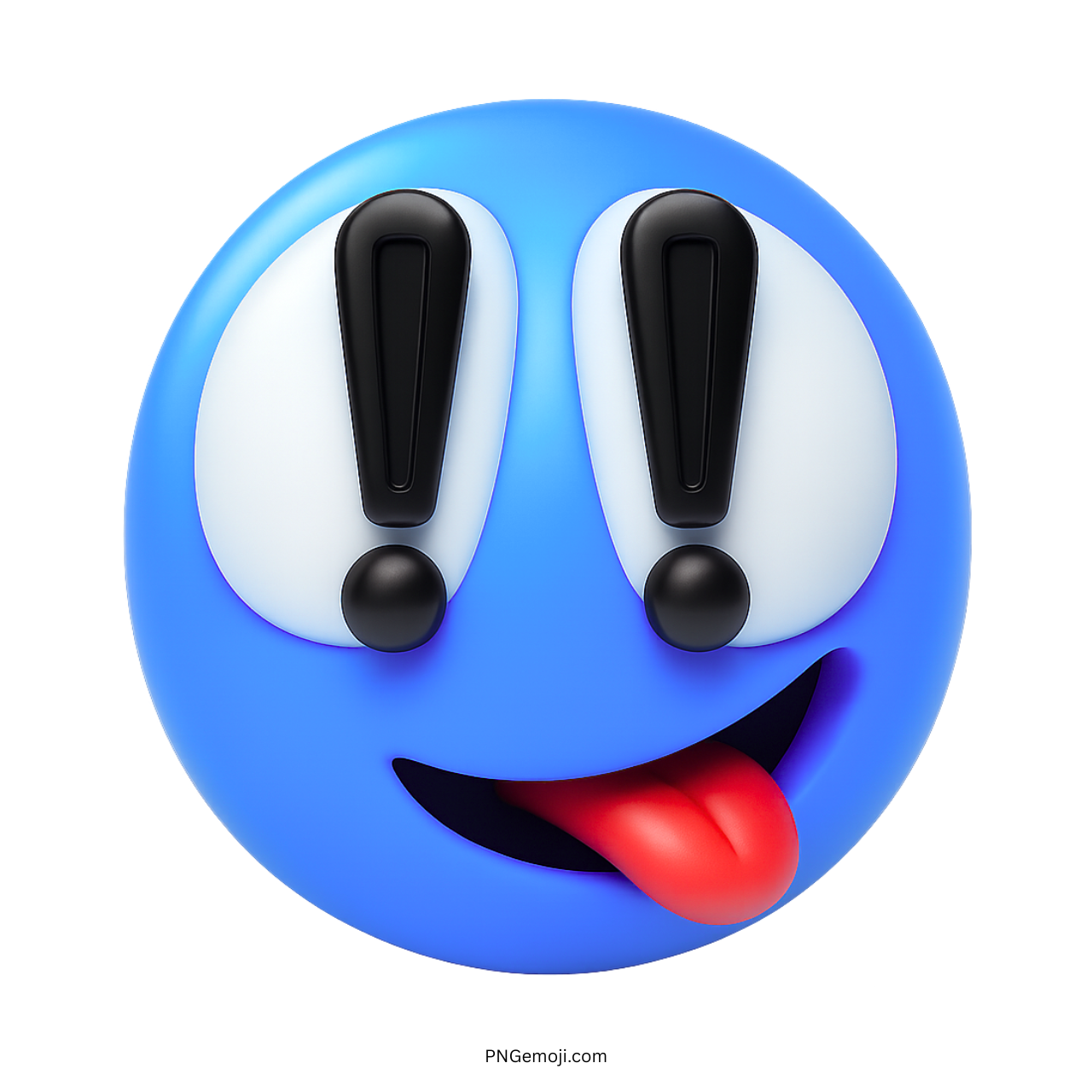 Blue exclamation emoji face with wide eyes and tongue sticking out playfully
