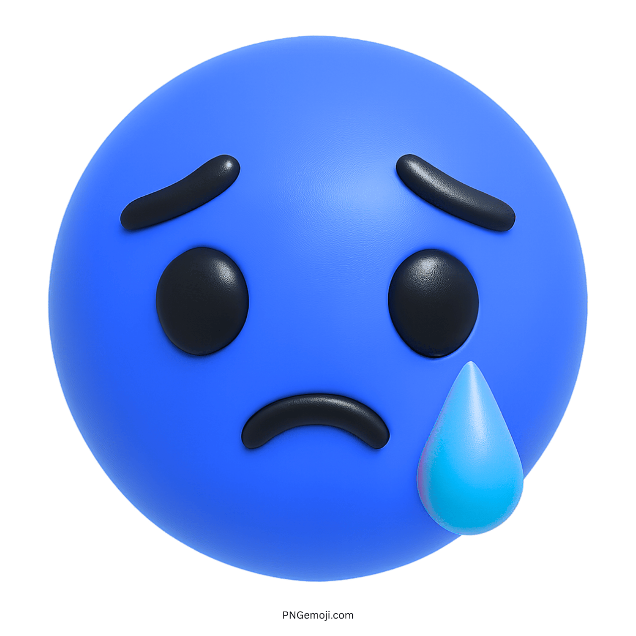 3D Facebook sad emoji with blue face, black eyes, and a falling teardrop
