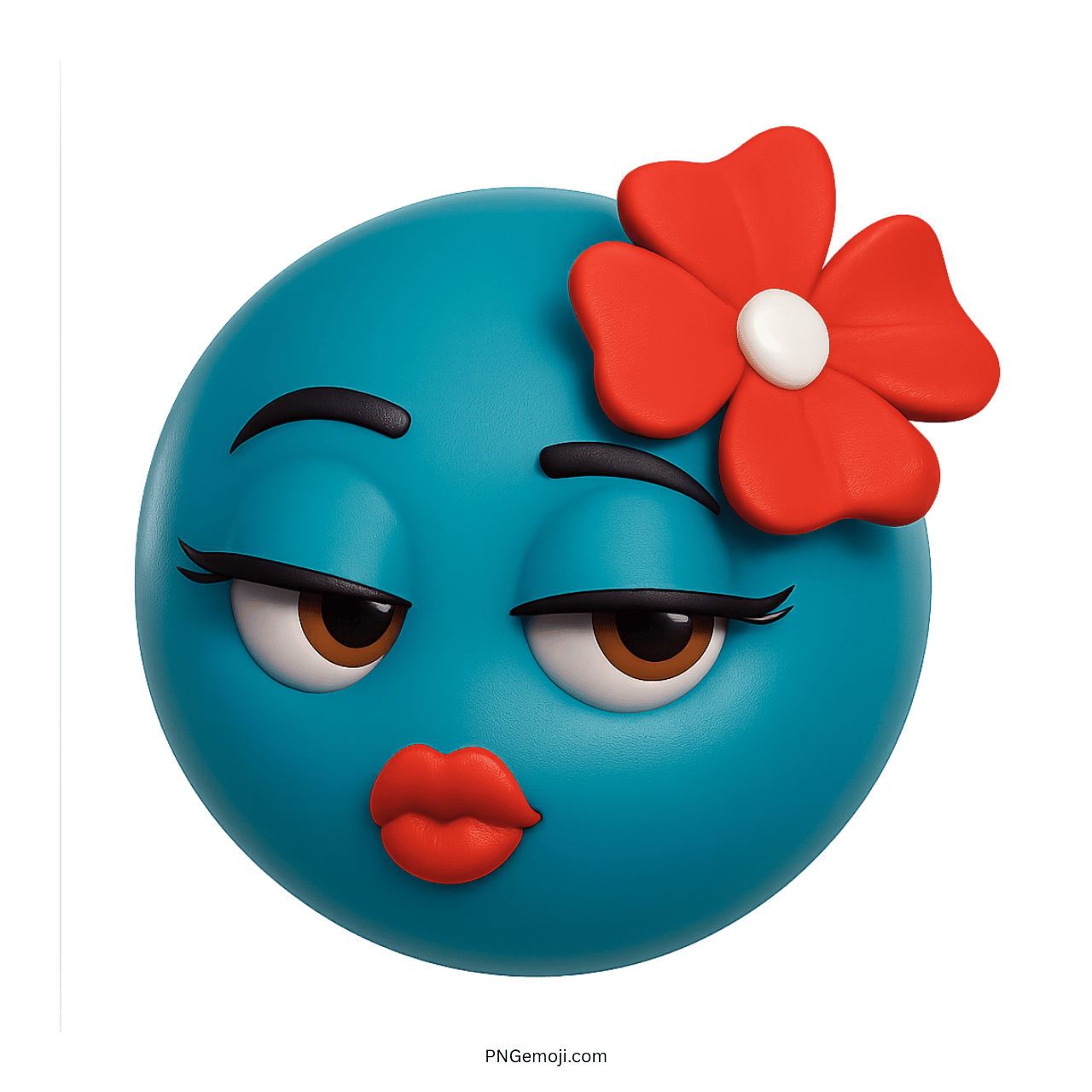 3D flirty emoji with a red flower accessory and seductive expression.