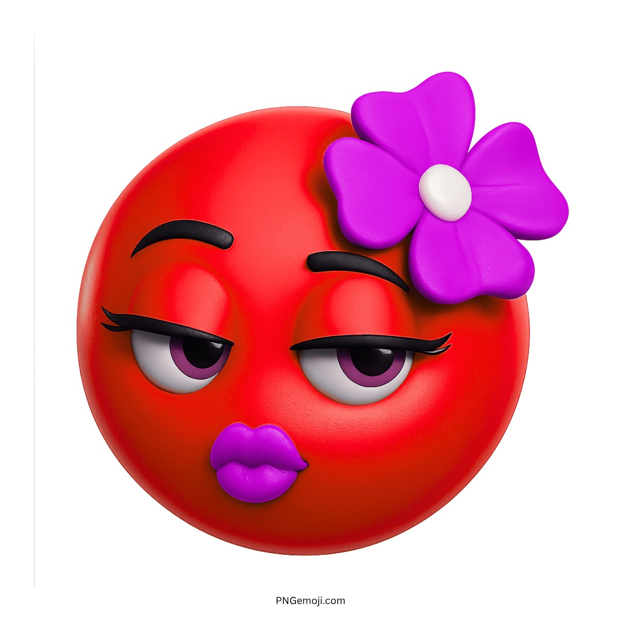 Flirty Emoji with Red Face and Purple Flower on the Side