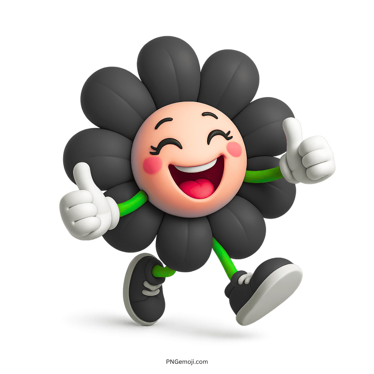  Happy black flower character running with thumbs up, cartoon style