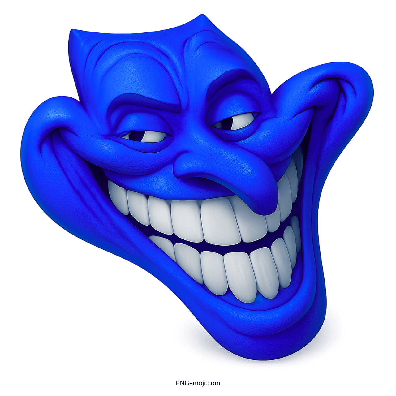 Funny blue 3D troll face emoji with wide grin and mischievous expression
