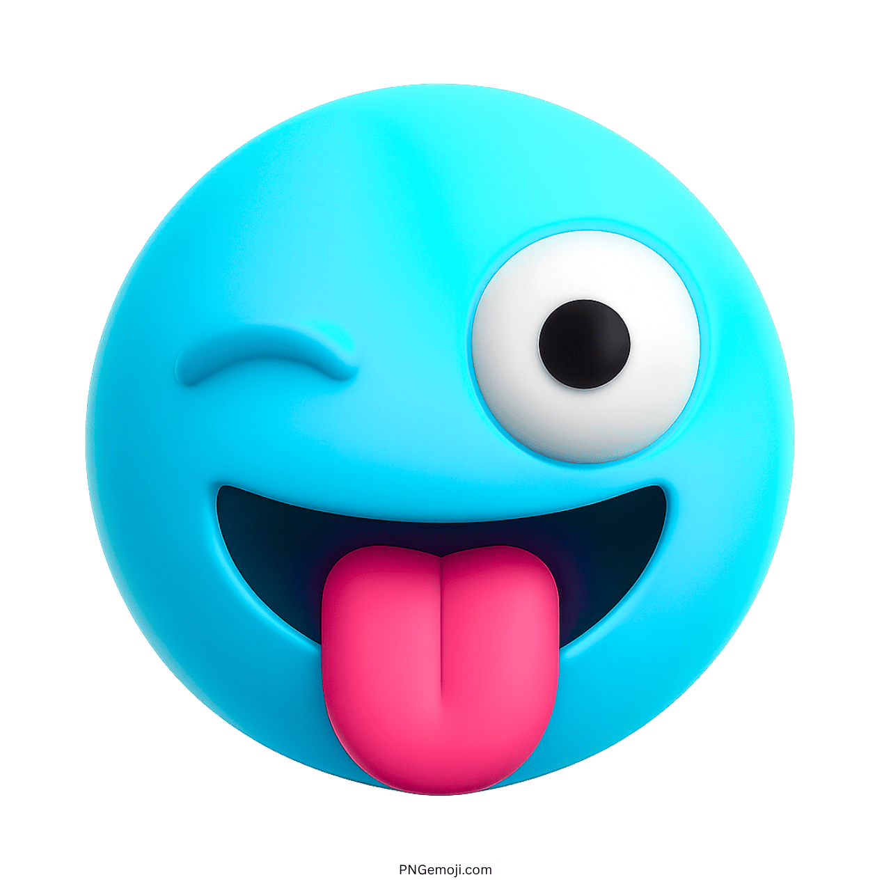 3D funny blue emoji with tongue out and winking eye, playful expression.