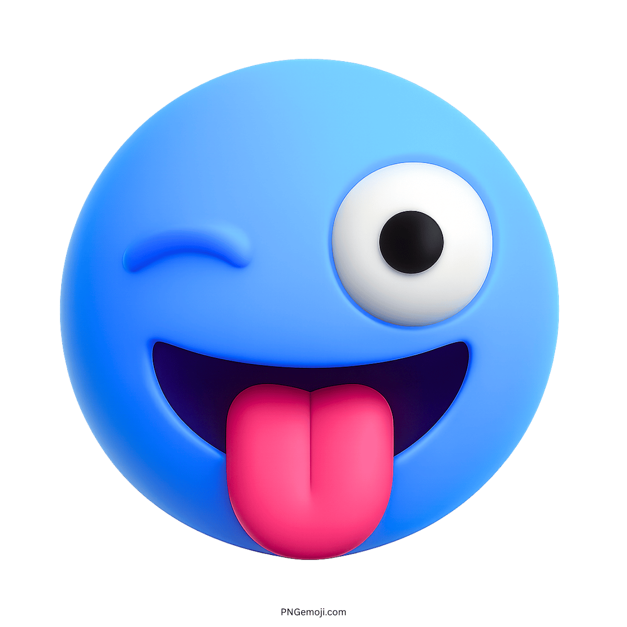 3D funny blue emoji with winking eye and pink tongue sticking out, playful expression.