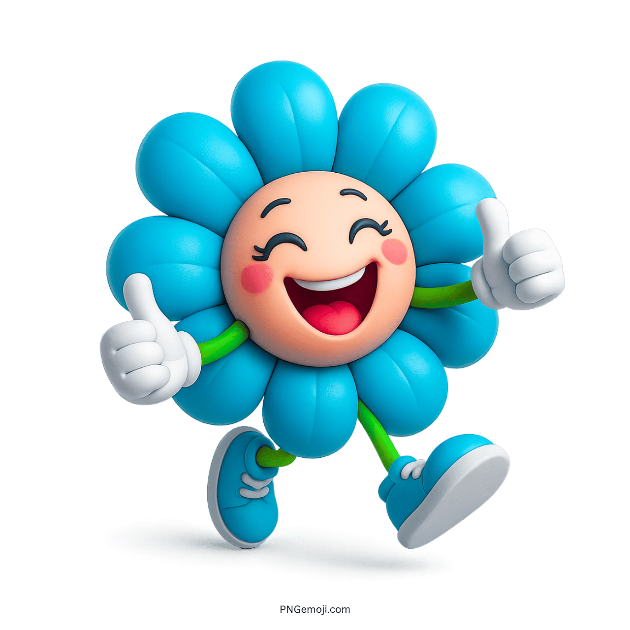Happy blue flower character running with thumbs up, cartoon style