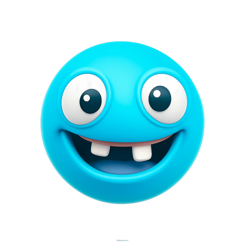 3D cartoon blue emoji face with goofy expression and missing front teeth