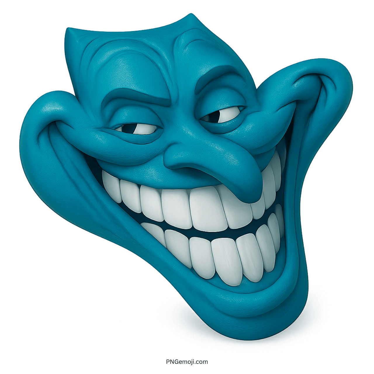funny blue troll face emoji with big teeth smirk expression on transparent background