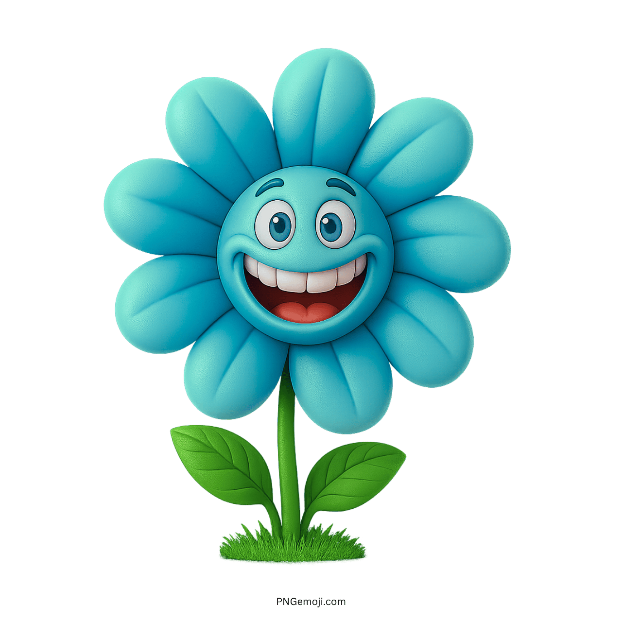 Funny cartoon blue flower with a smiling face and animated eyes.