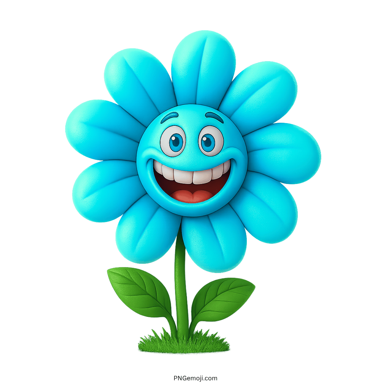 Funny cartoon blue flower with a smiling face and cartoon eyes.