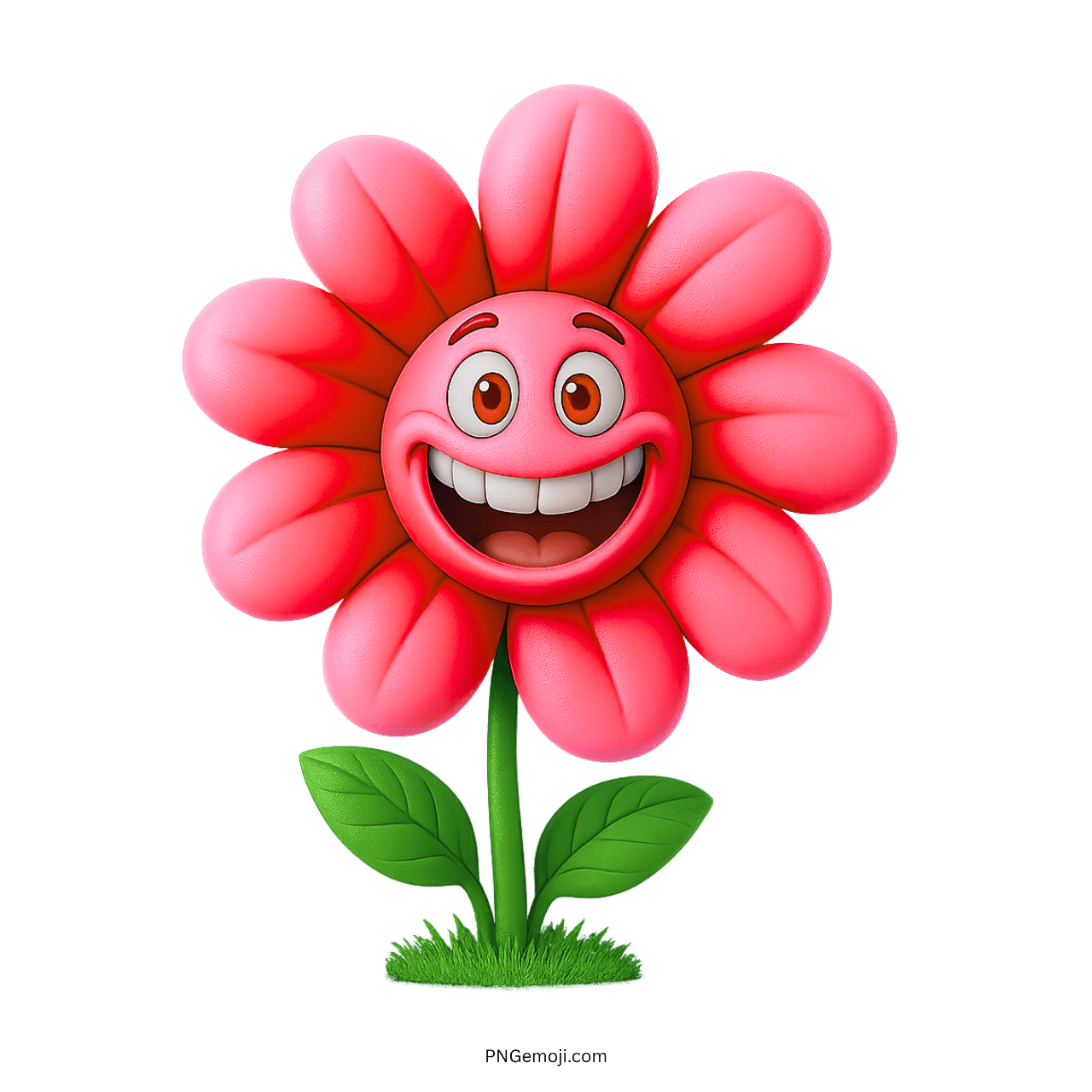 Smiling pink cartoon flower with expressive eyes and vibrant petals.