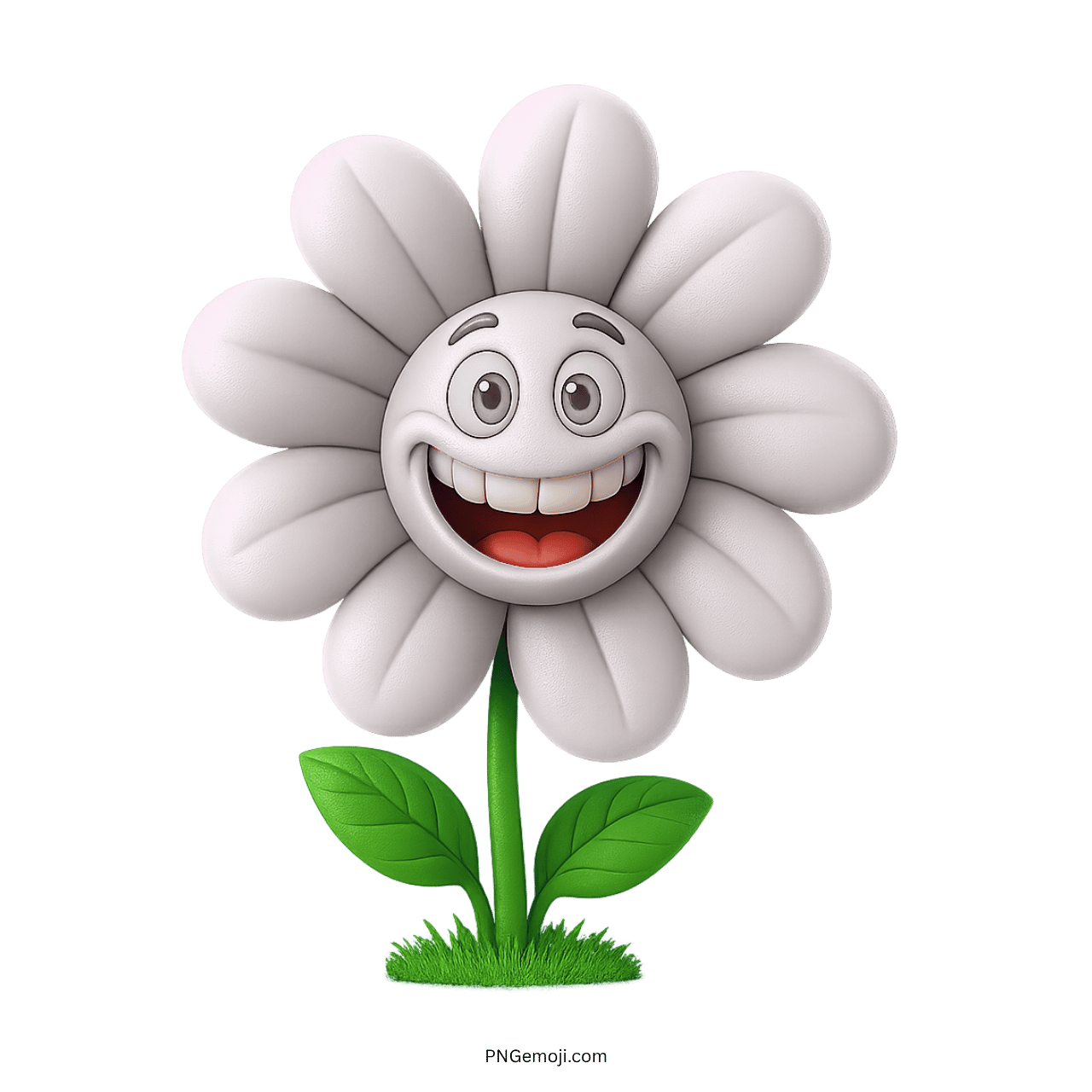 Smiling white cartoon flower with expressive eyes and vibrant petals.