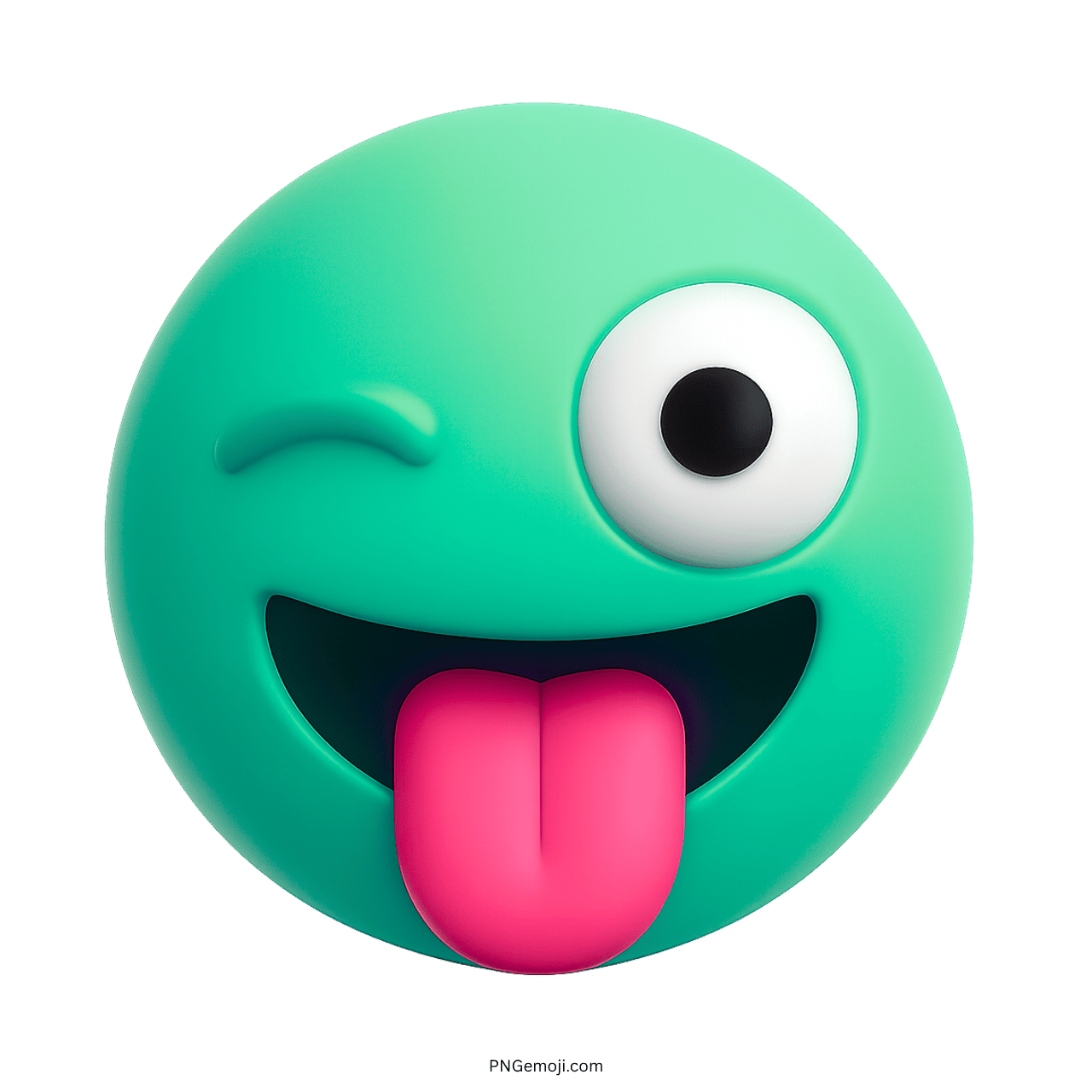 Winking funny green emoji with tongue sticking out in 3D PNG format with transparent background