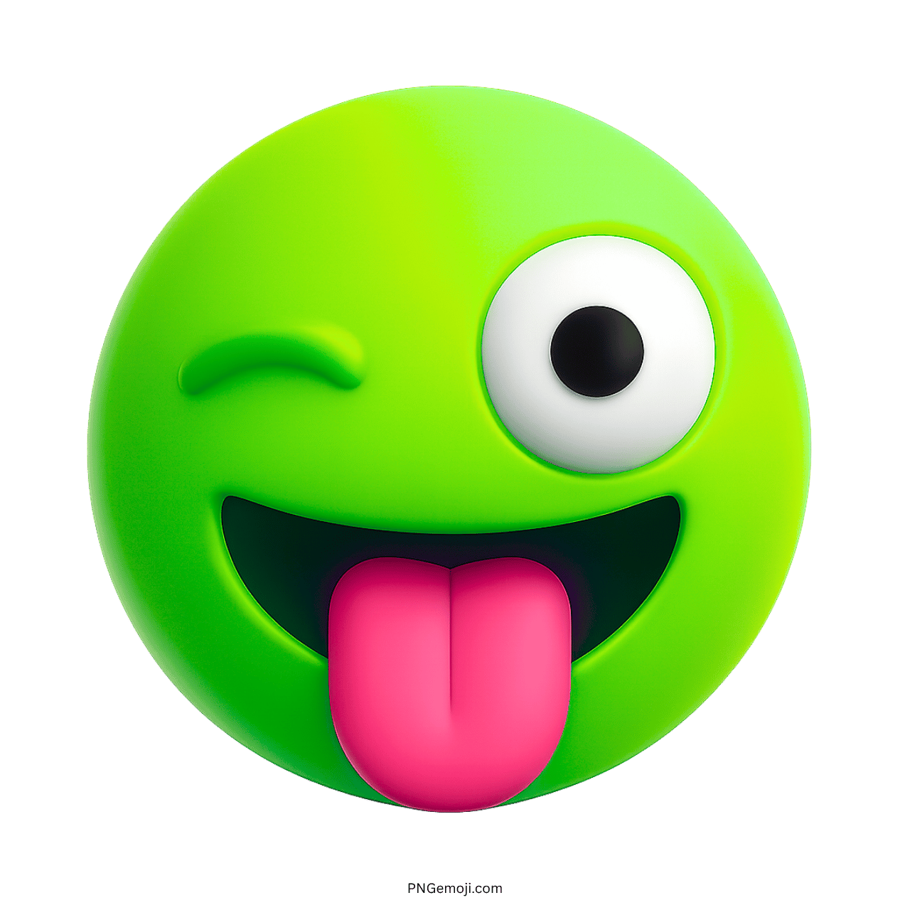 3D funny green emoji with winking eye and pink tongue sticking out, playful expression