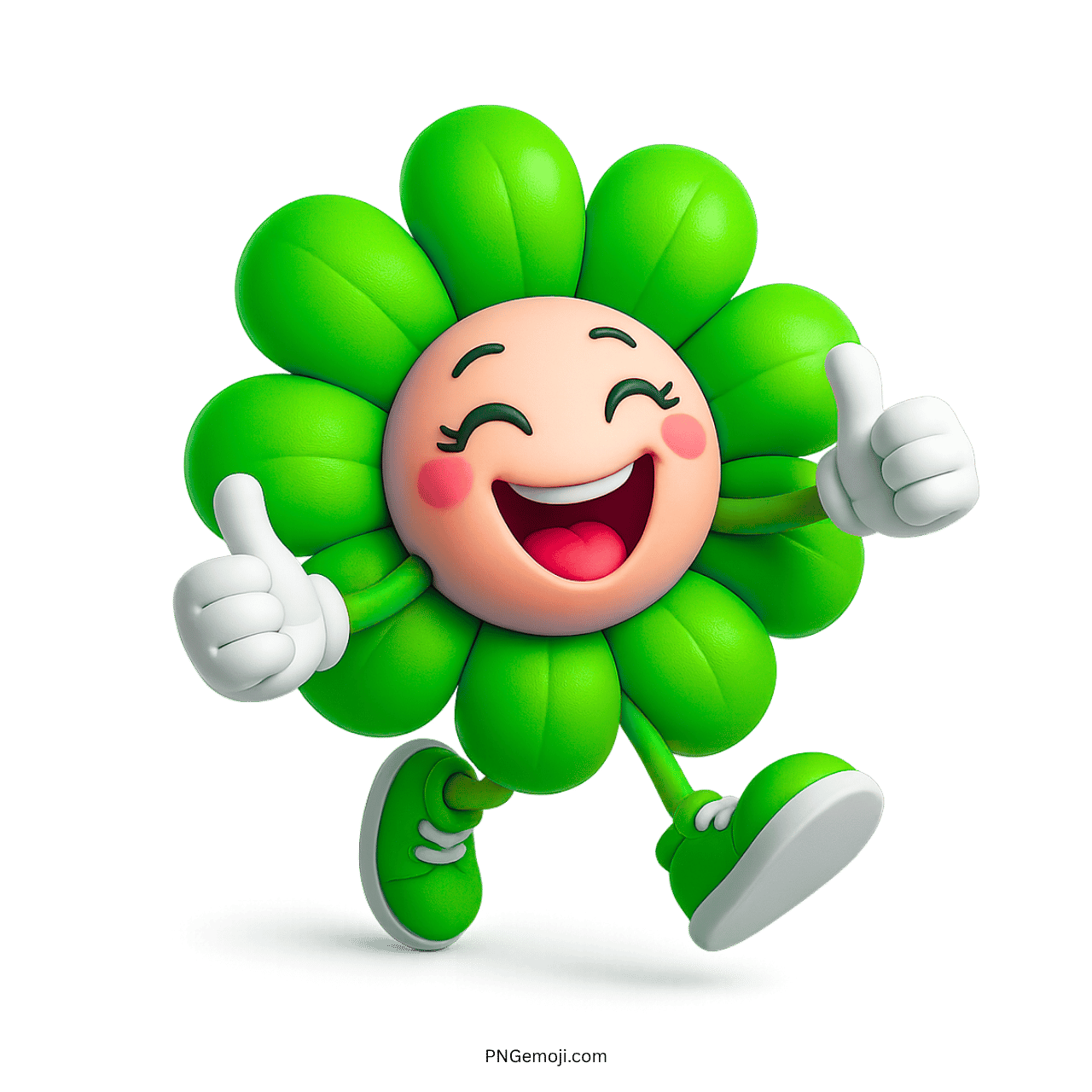 Happy green flower character running with thumbs up, cartoon style