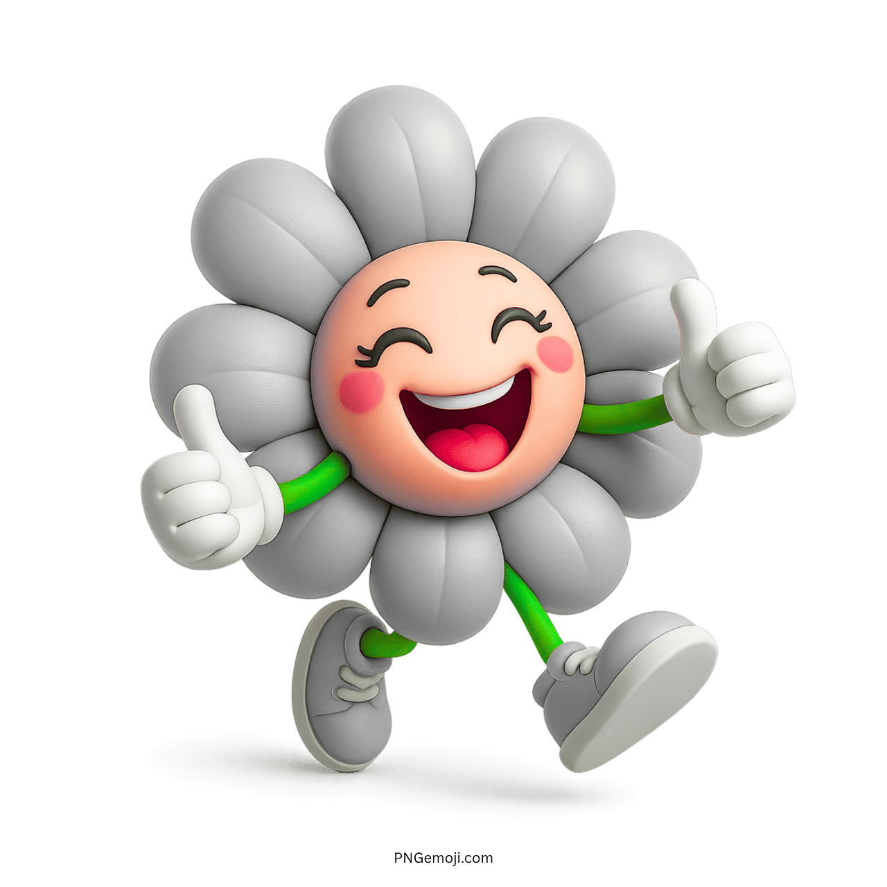 Happy grey flower character running with thumbs up, cartoon style