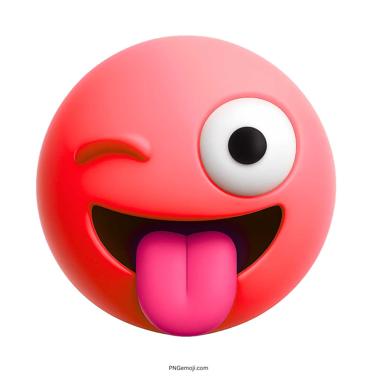 3D funny pink emoji with winking eye and pink tongue sticking out, playful expression.