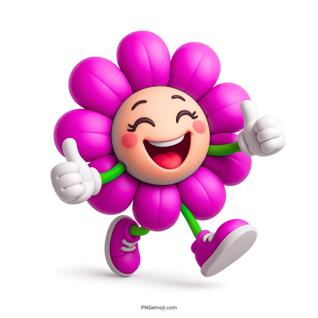 Happy pink flower character running with thumbs up, cartoon style