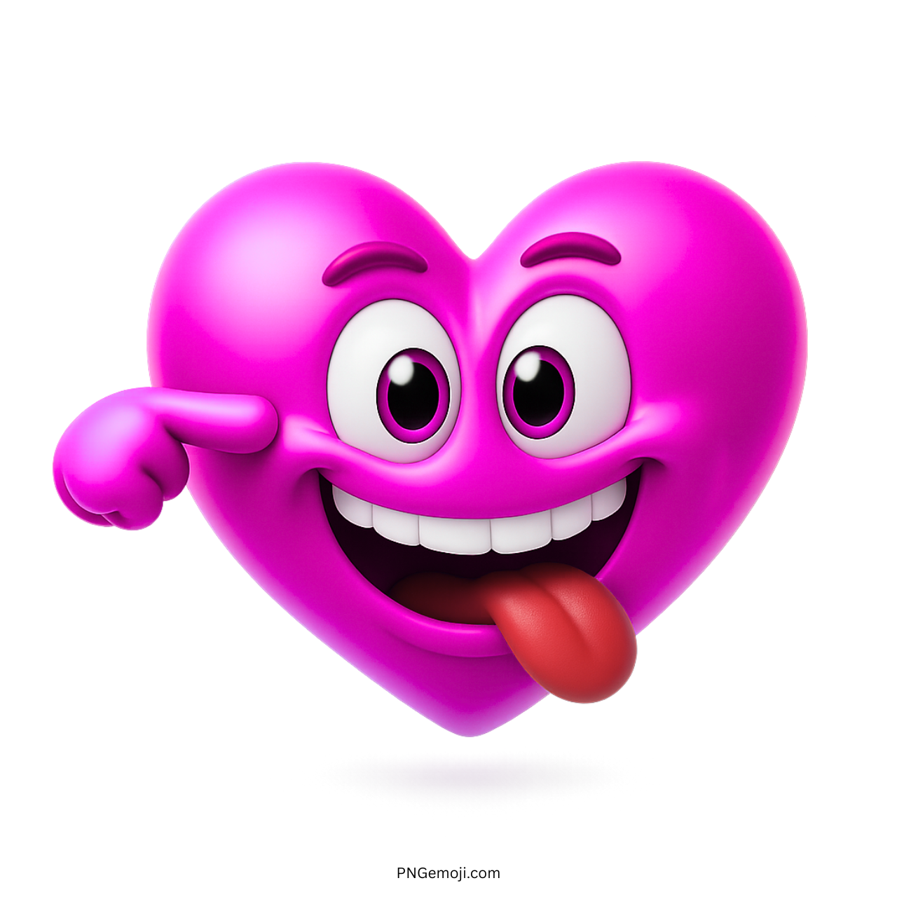 Funny pink heart emoji with tongue out and goofy expression in 3D cartoon style