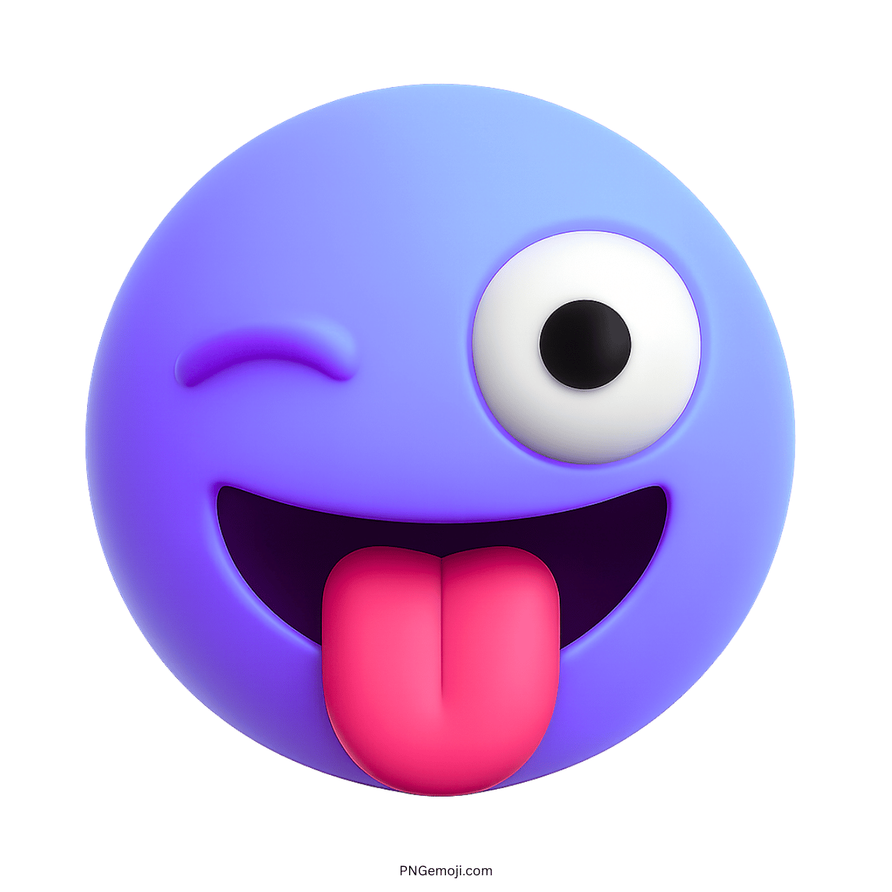 3D funny purple emoji with winking eye and pink tongue sticking out, playful expression.