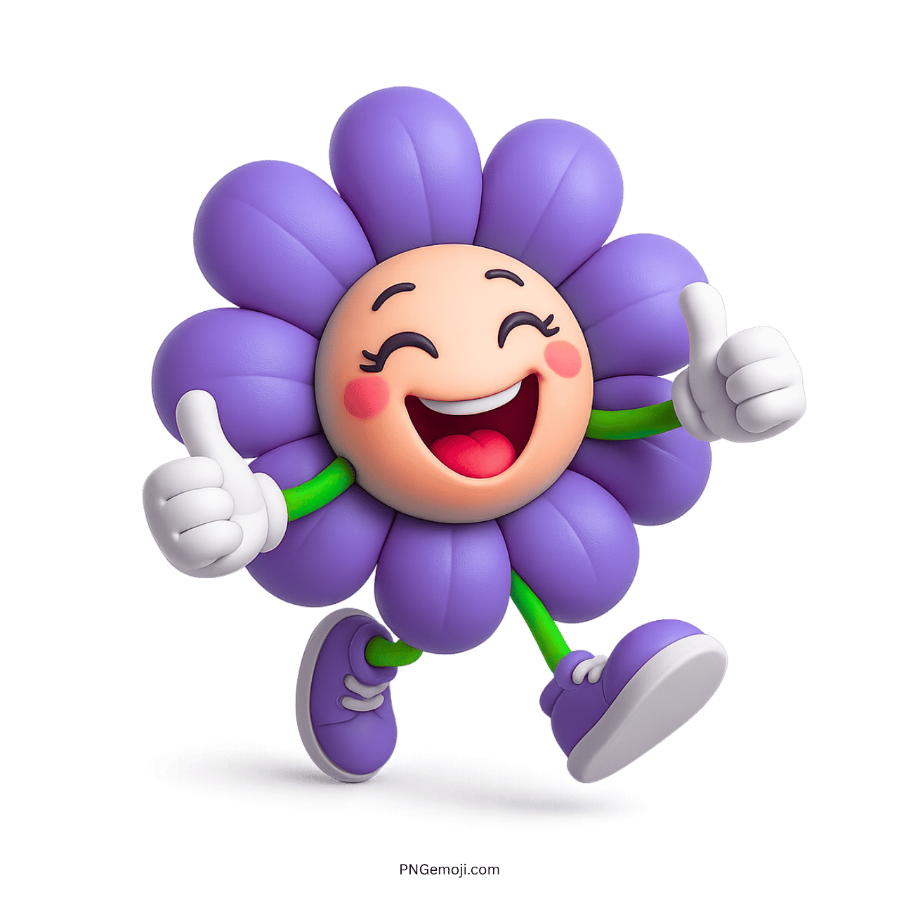 Happy purple flower character running with thumbs up, cartoon style