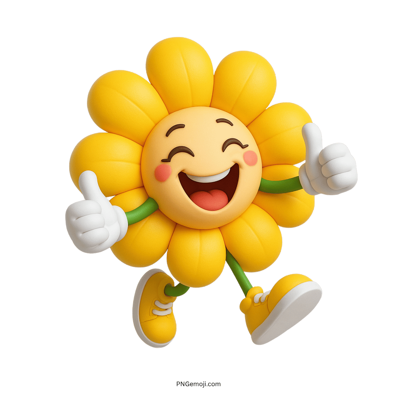 Happy yellow flower character running with thumbs up, cartoon style