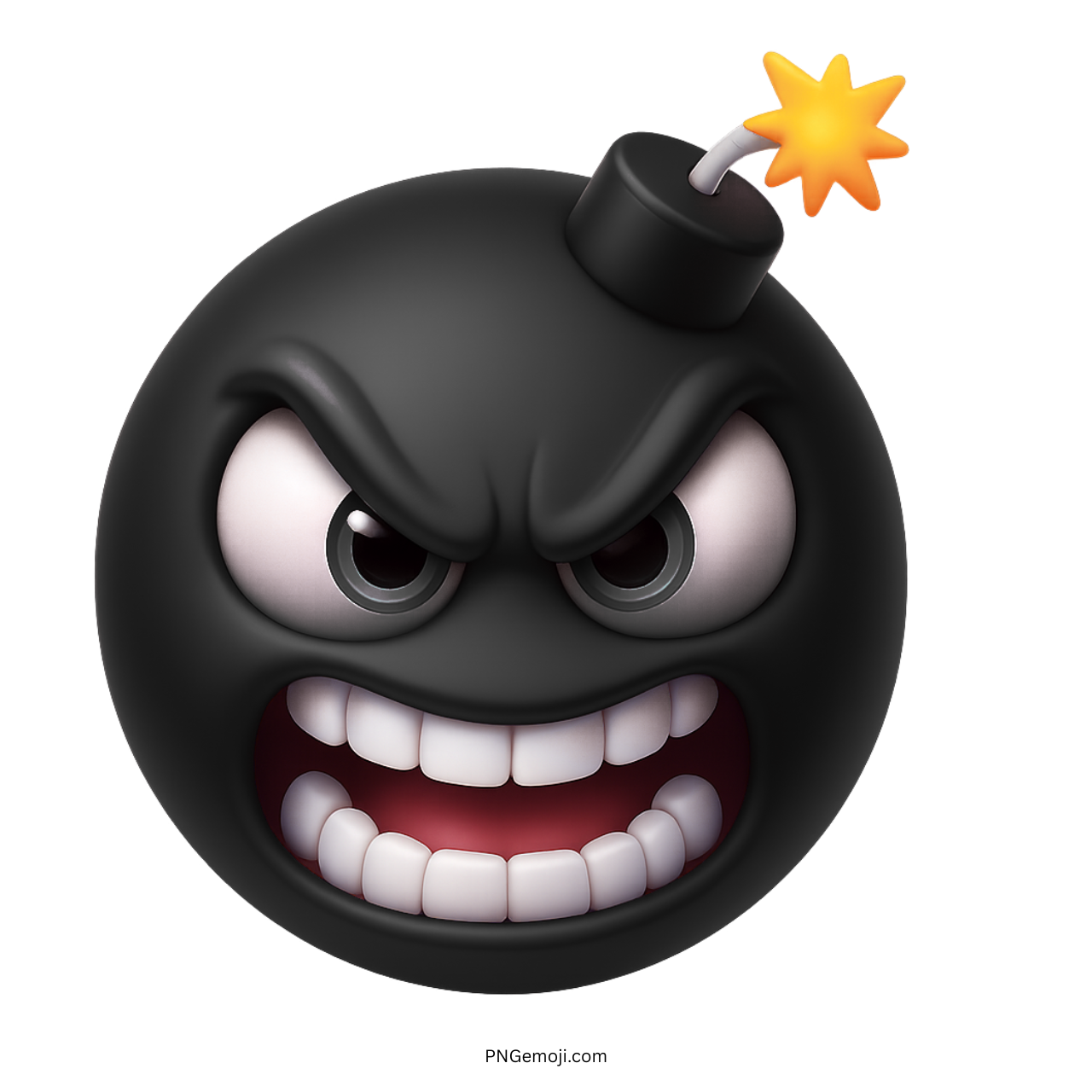 3D furious black bomb emoji with angry face and burning fuse on top