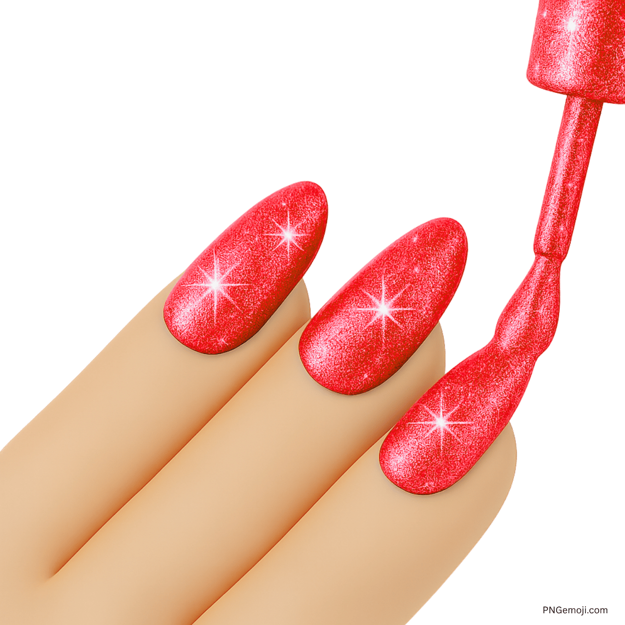 Glossy red glitter nail polish emoji applied on manicured shiny fingernails