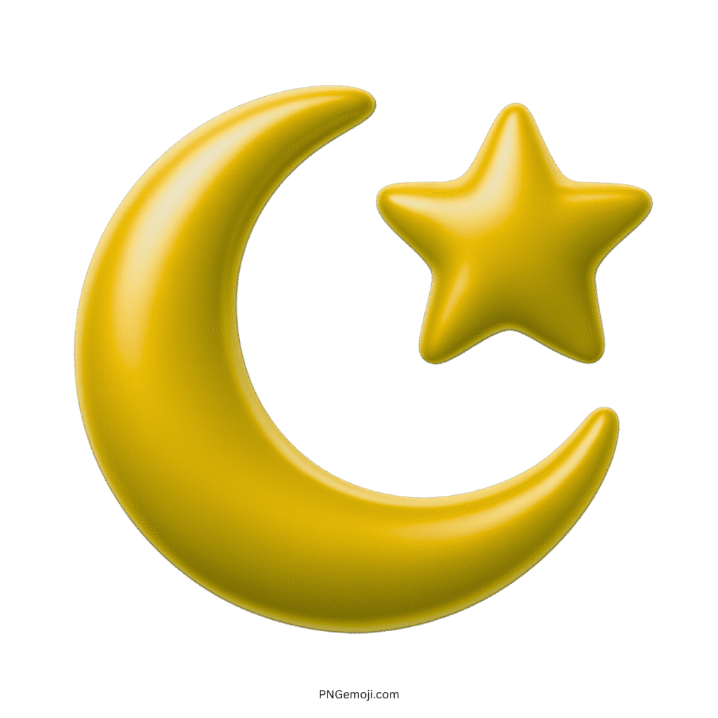 Golden 3D crescent moon and star emoji representing Islamic tradition and festivity