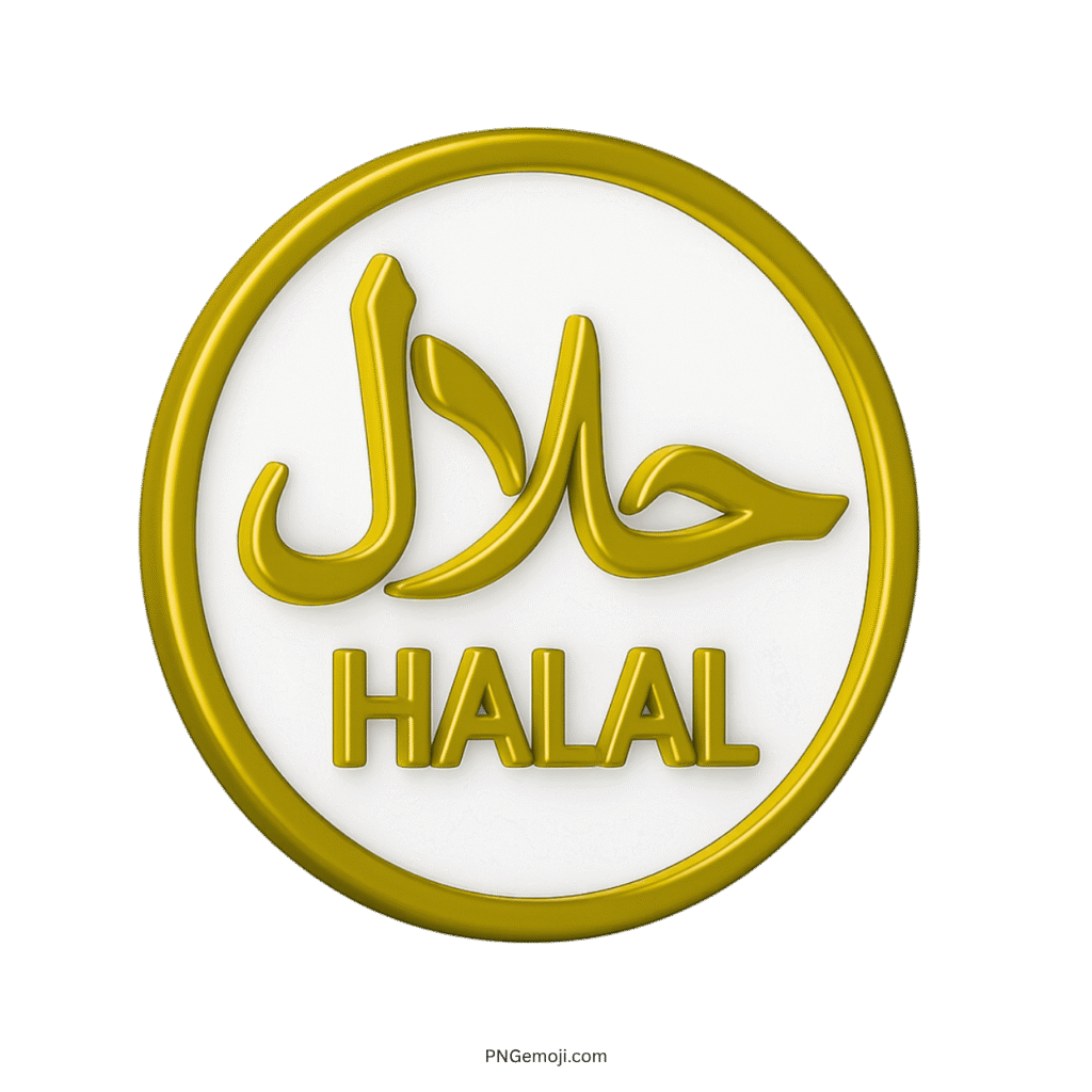 3D gold halal emoji with Arabic text in circular label icon