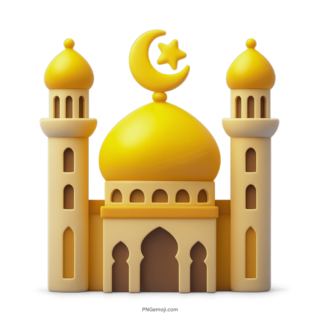 Golden yellow 3D mosque emoji with crescent moon and star Islamic symbol