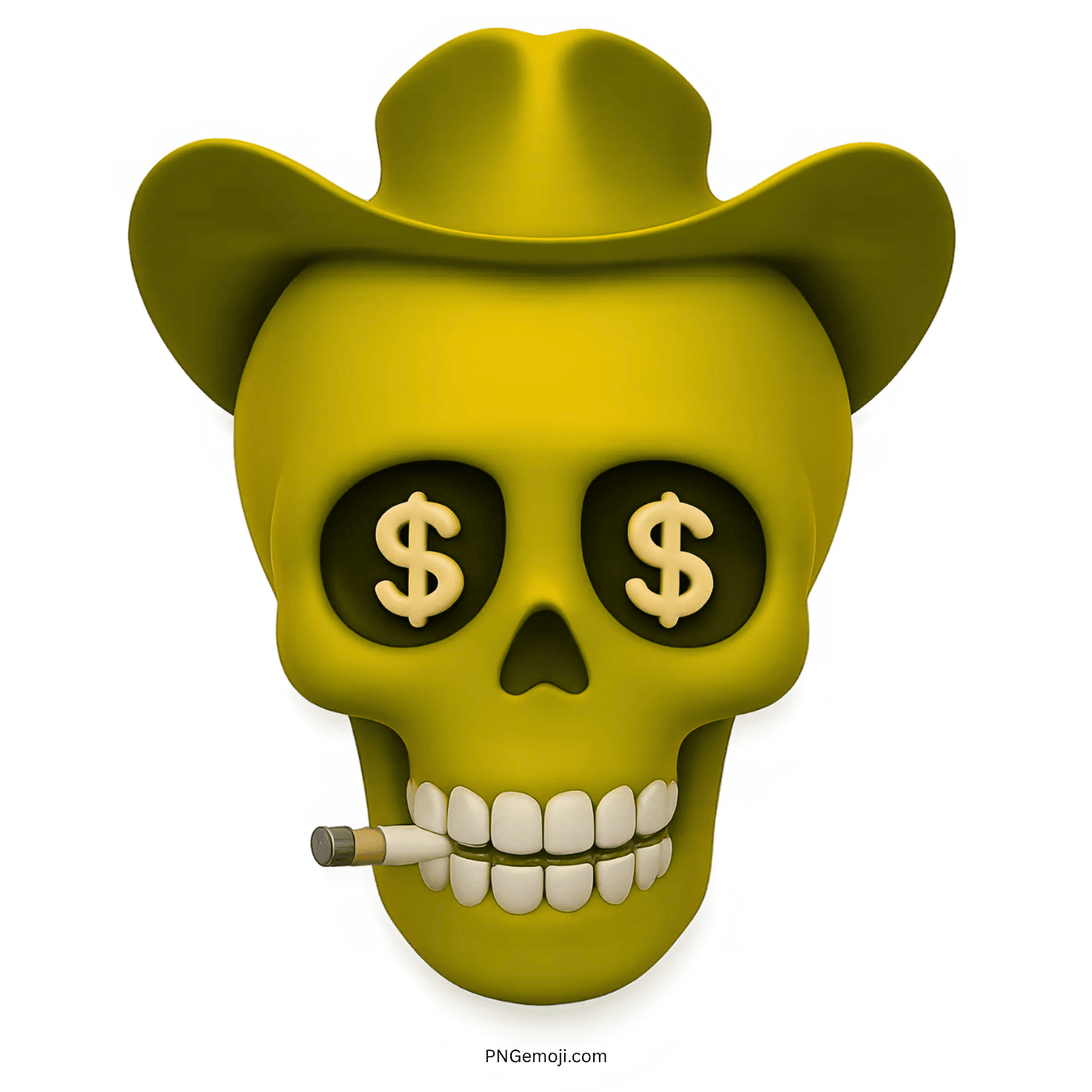 Golden skull emoji with cowboy hat, dollar eyes, and cigarette in mouth