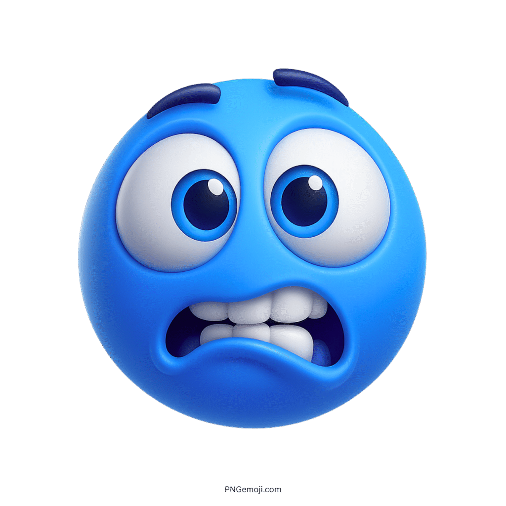 Goofy blue emoji with bulging eyes and awkward teeth expression in 3D style