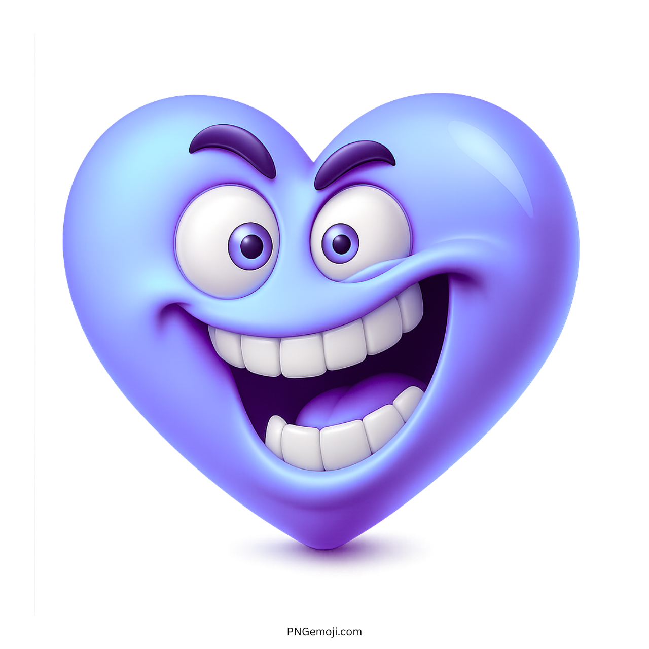 Goofy blue heart emoji with wide smile, funny eyes, and joyful expression