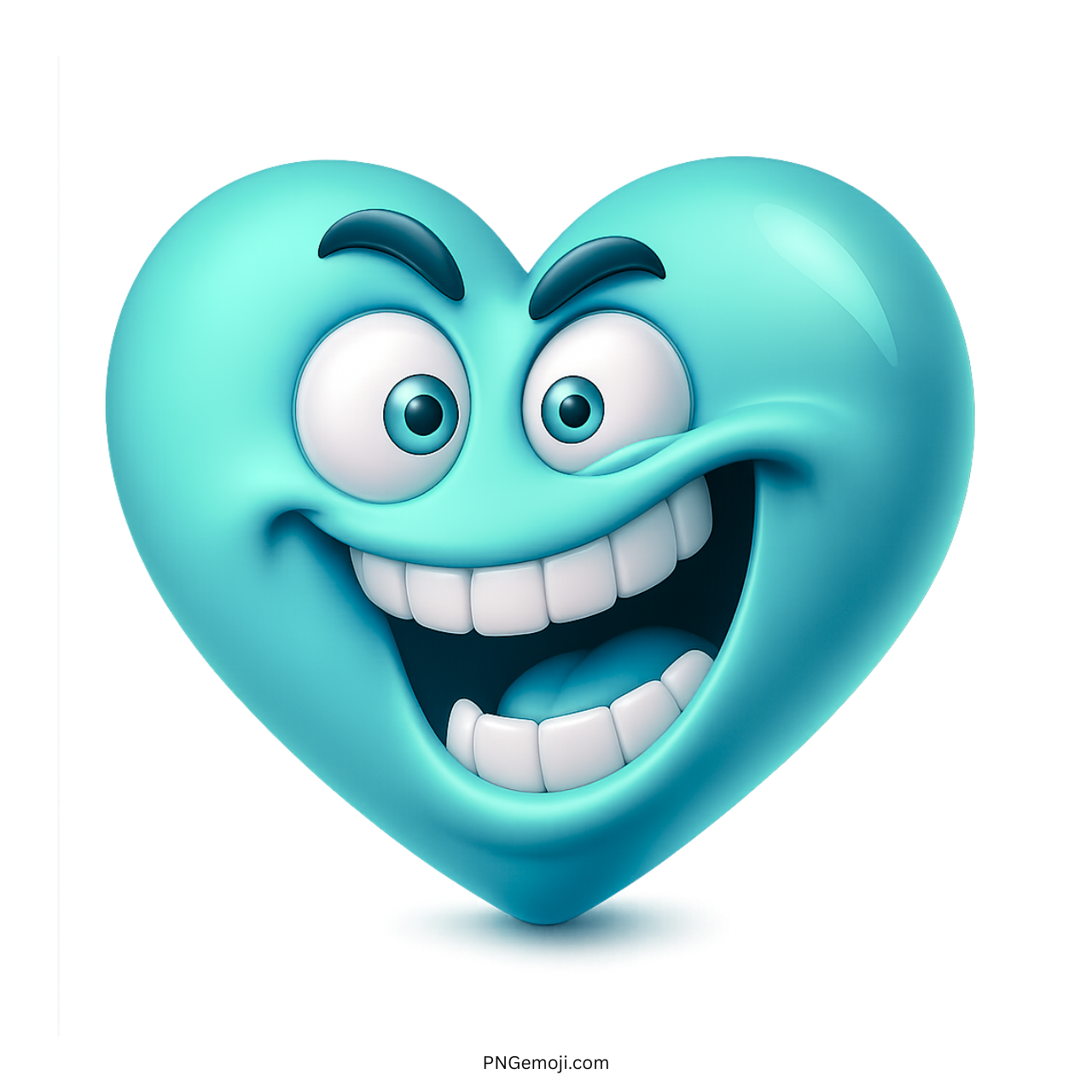 Goofy cyan heart emoji with big grin, silly face, and excited expression