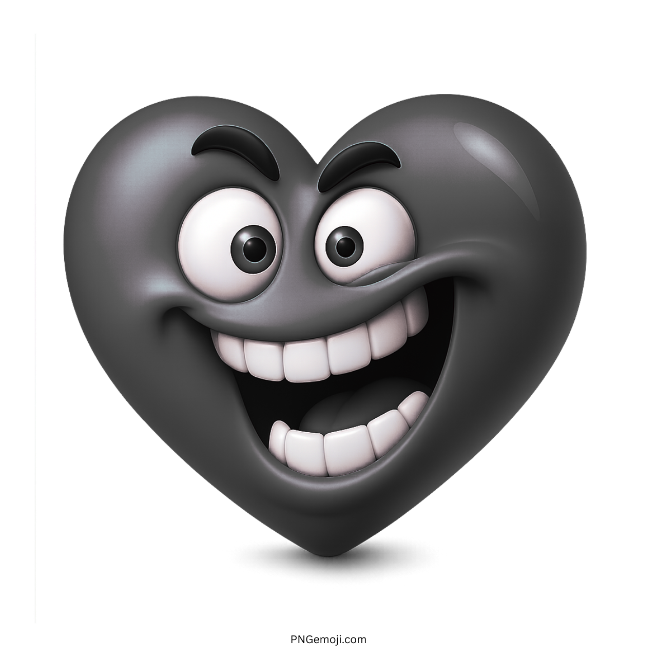 goofy grinning black heart emoji with wide eyes big teeth and silly expression