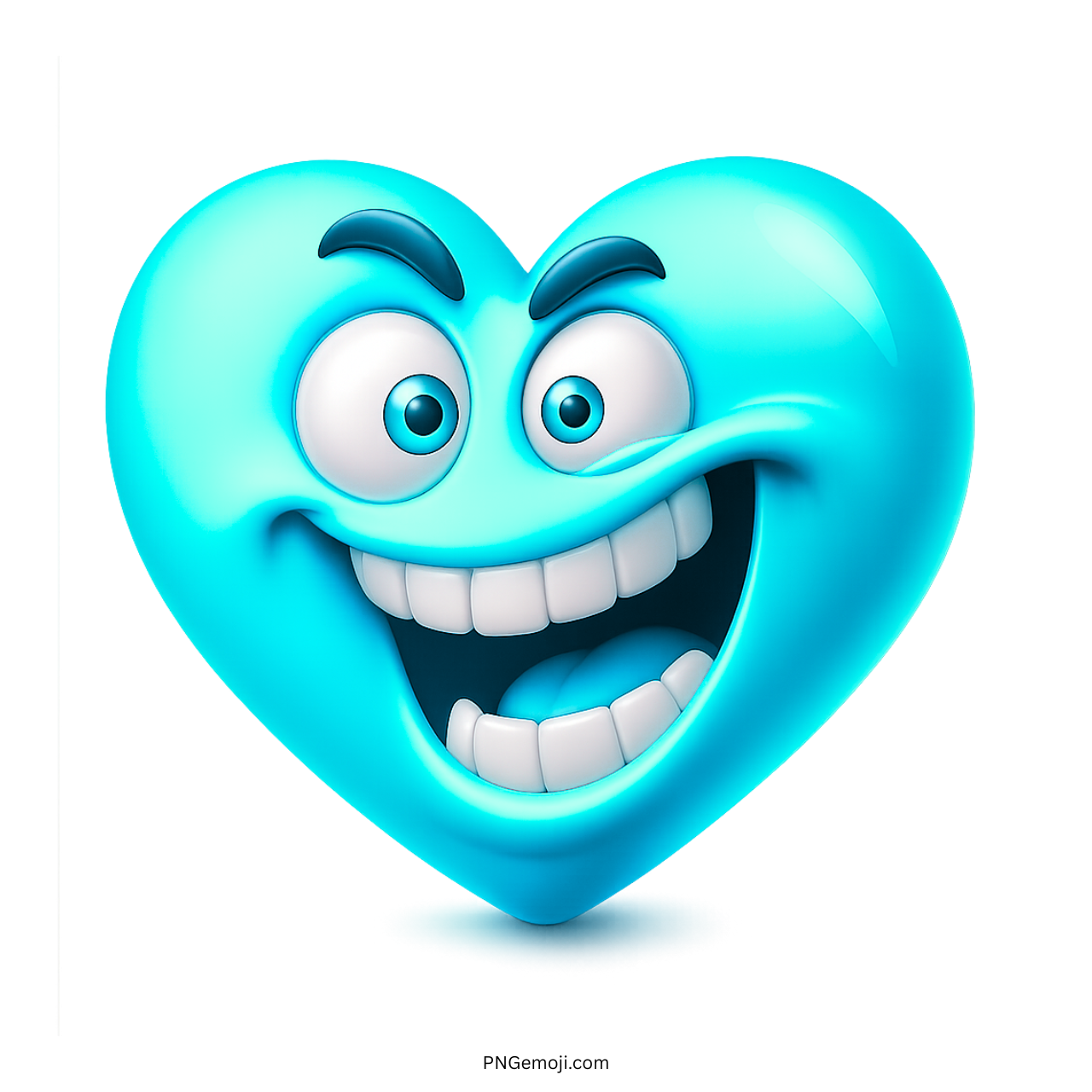 goofy grinning light blue heart emoji with wide eyes big teeth and playful expression