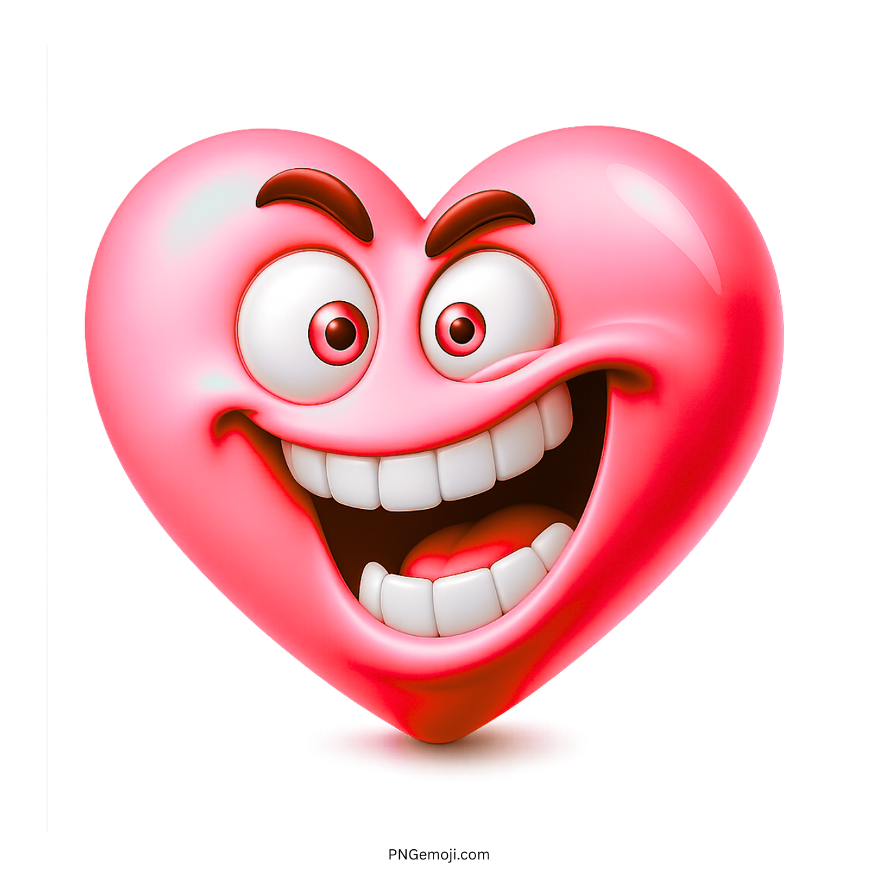 goofy grinning pink heart emoji with big eyes toothy smile and funny playful expression