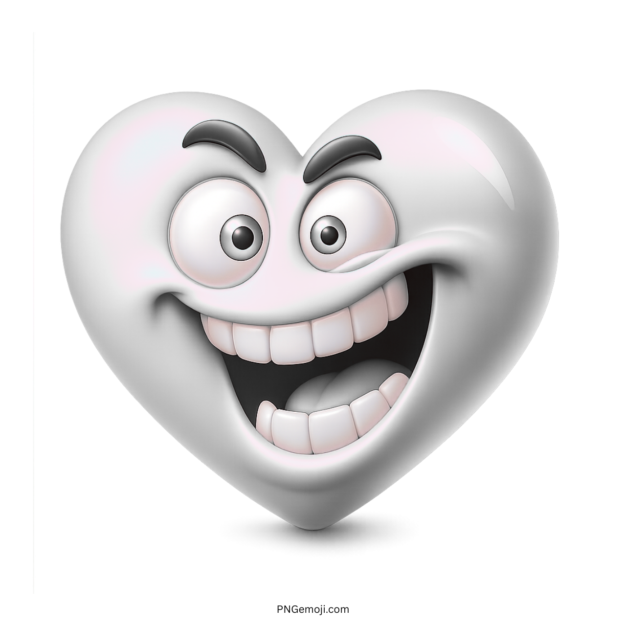 goofy grinning white heart emoji with wide eyes big teeth and playful expression