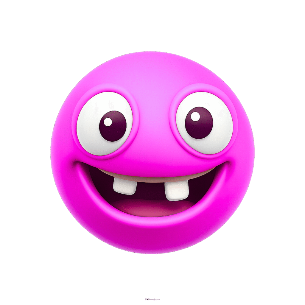 Funny pink 3D emoji with wide eyes and missing front teeth smiling