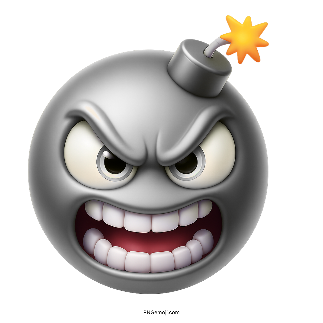 3D gray bomb emoji with furious expression, clenched teeth, and burning yellow-orange fuse