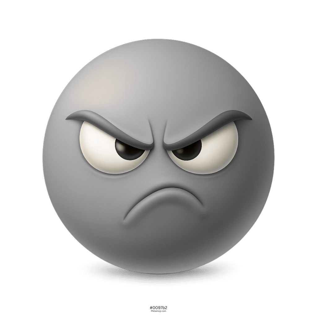 3D gray annoyed emoji face with angry frown, glaring eyes, and furrowed brows