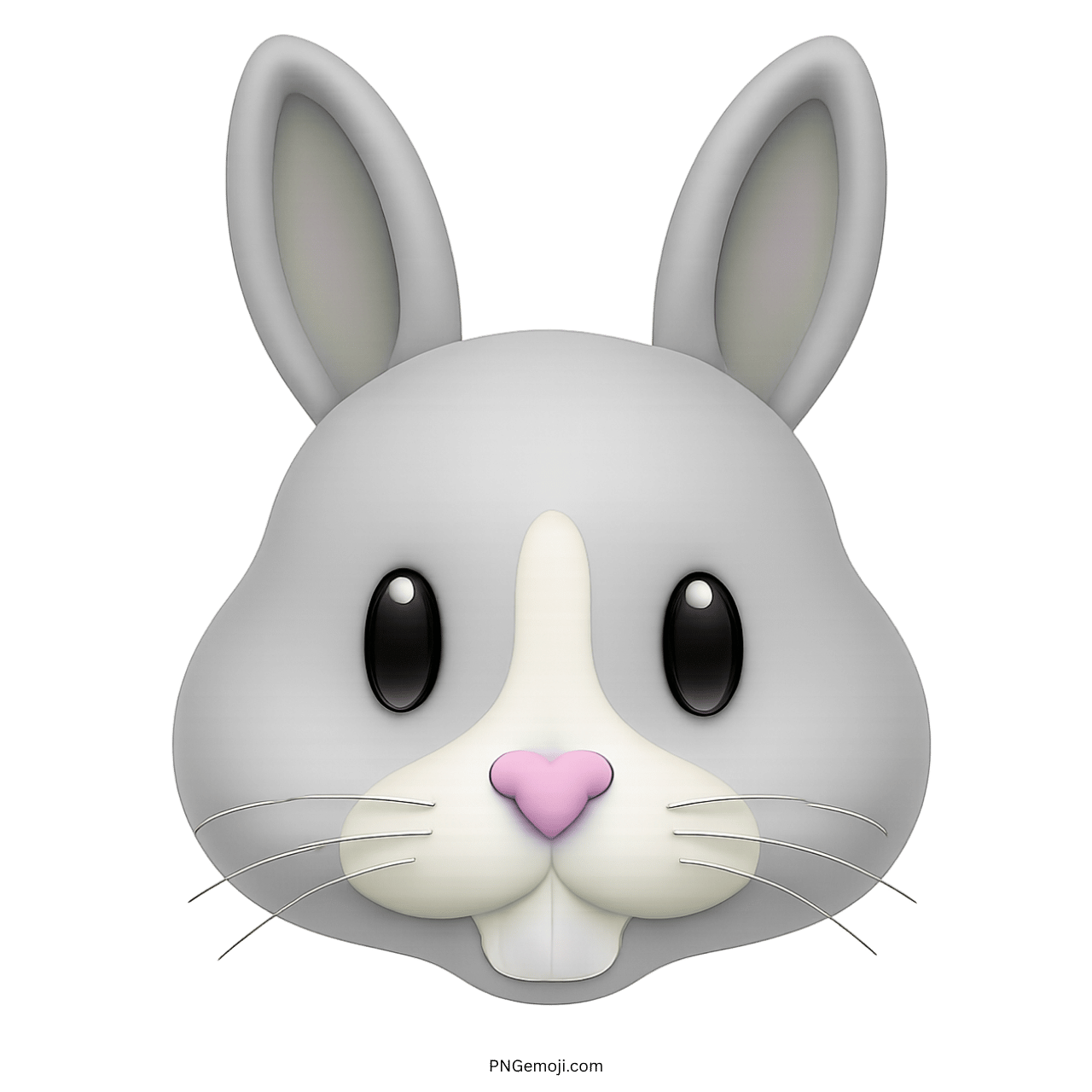 Gray bunny face emoji with large ears, black eyes, pink nose, and white muzzle on green background.