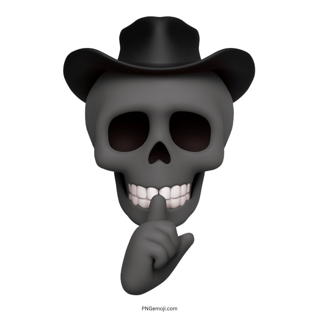 3D gray skull emoji wearing a cowboy hat with a finger shushing gesture