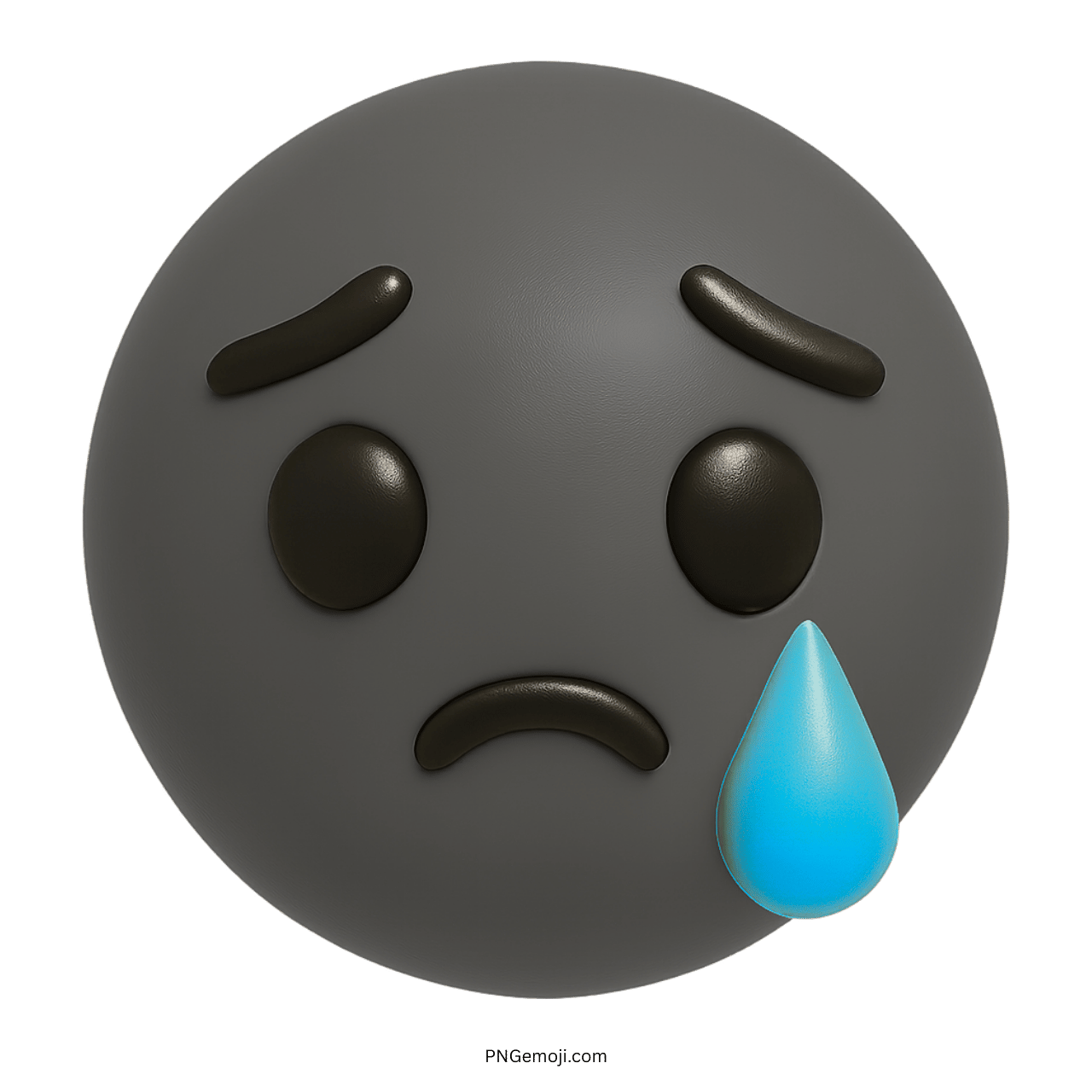 3D gray sad emoji with teardrop and frown showing emotional sadness or grief