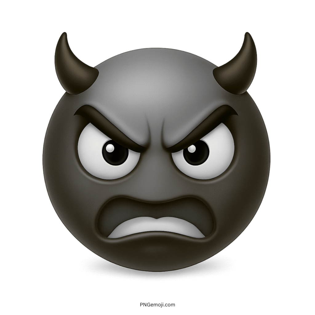 Gray devil emoji face with black horns, angry expression, and bold white eyes.