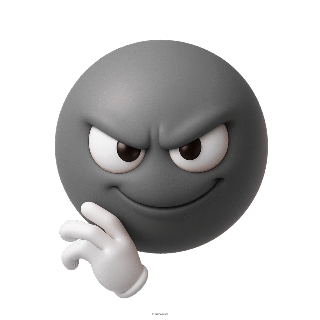 3D gray devious emoji with cunning smile and mischievous eyes