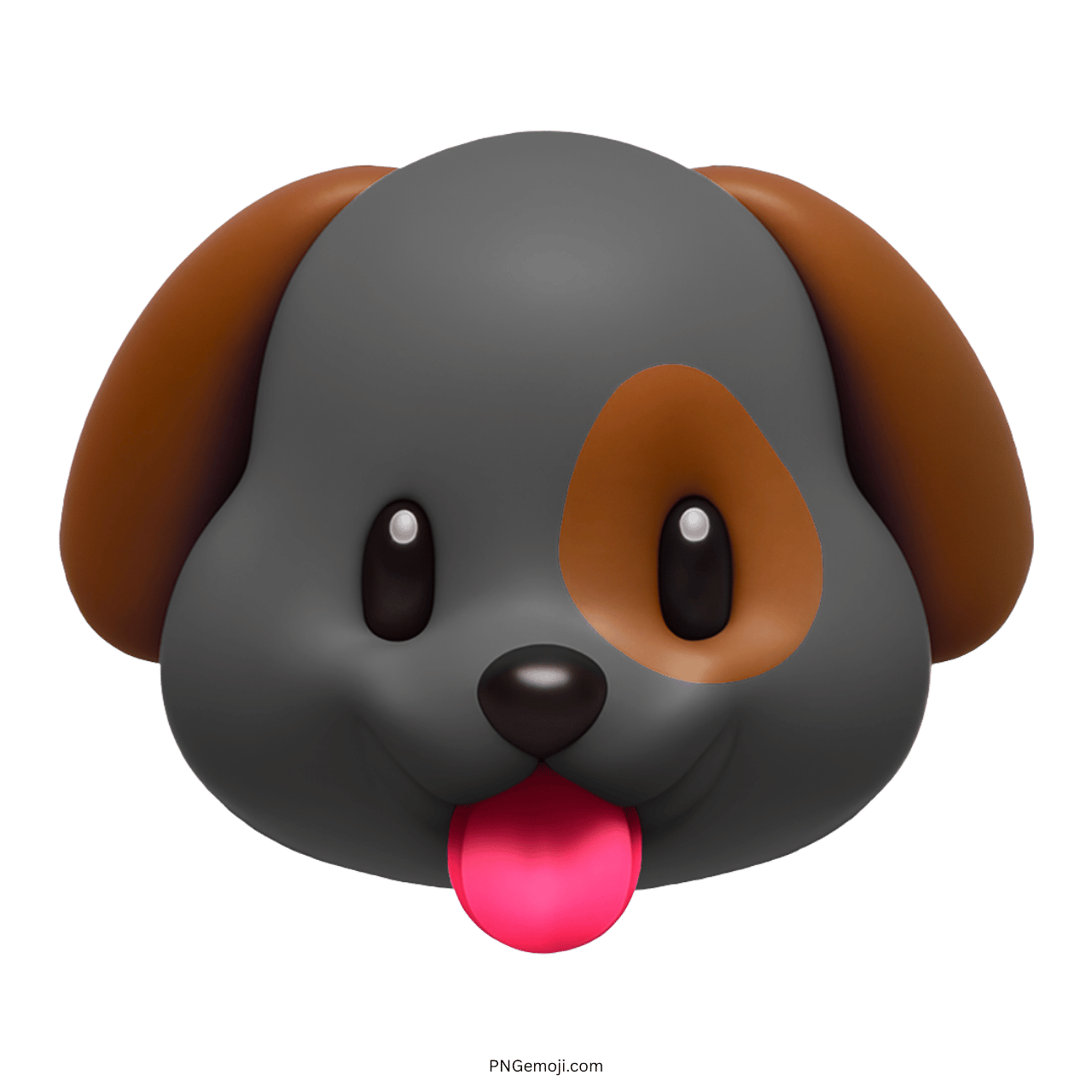 3D gray dog face emoji with brown ears and a playful tongue, cartoon style, transparent background.
