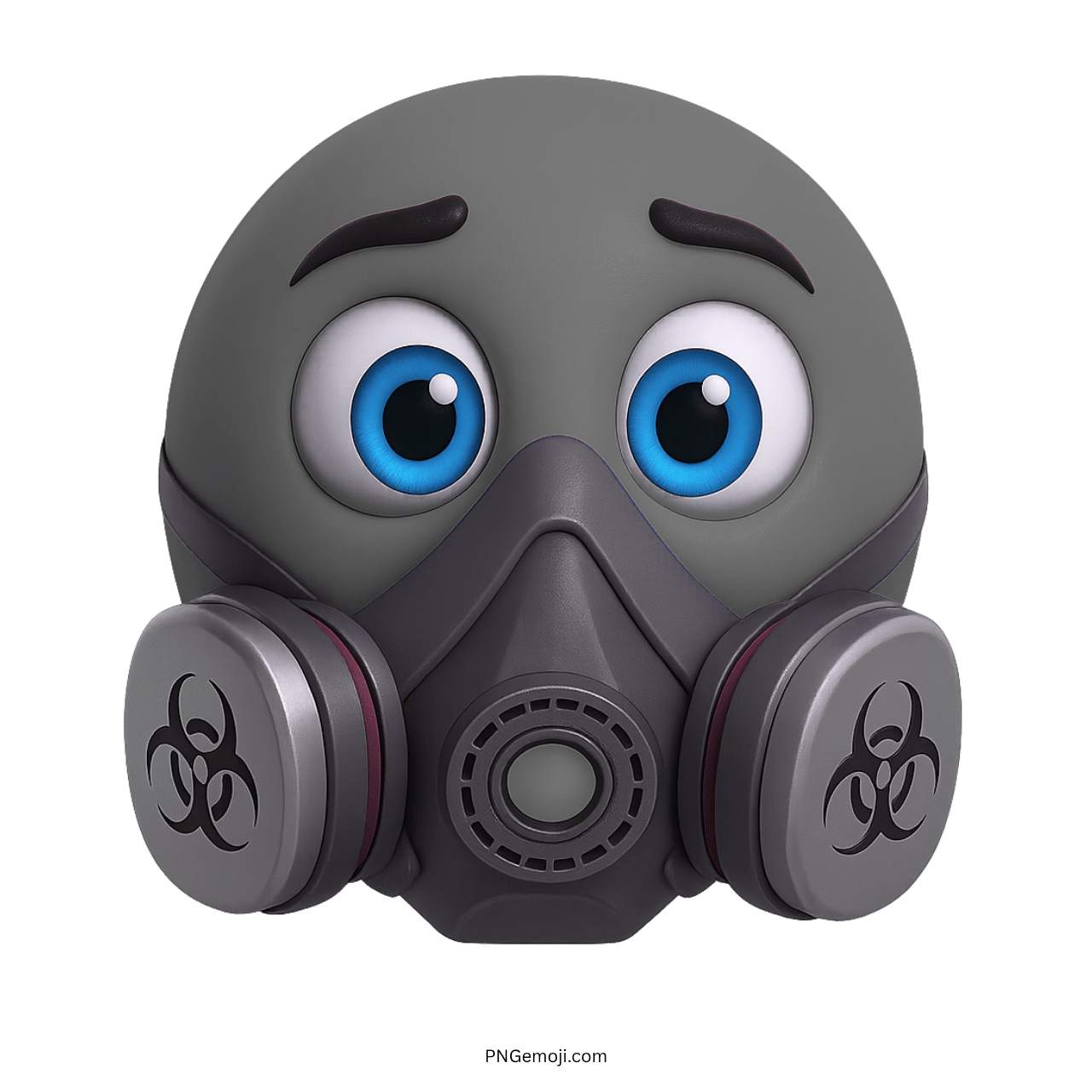 Gray emoji face wearing biohazard gas mask with worried eyes and protective filters