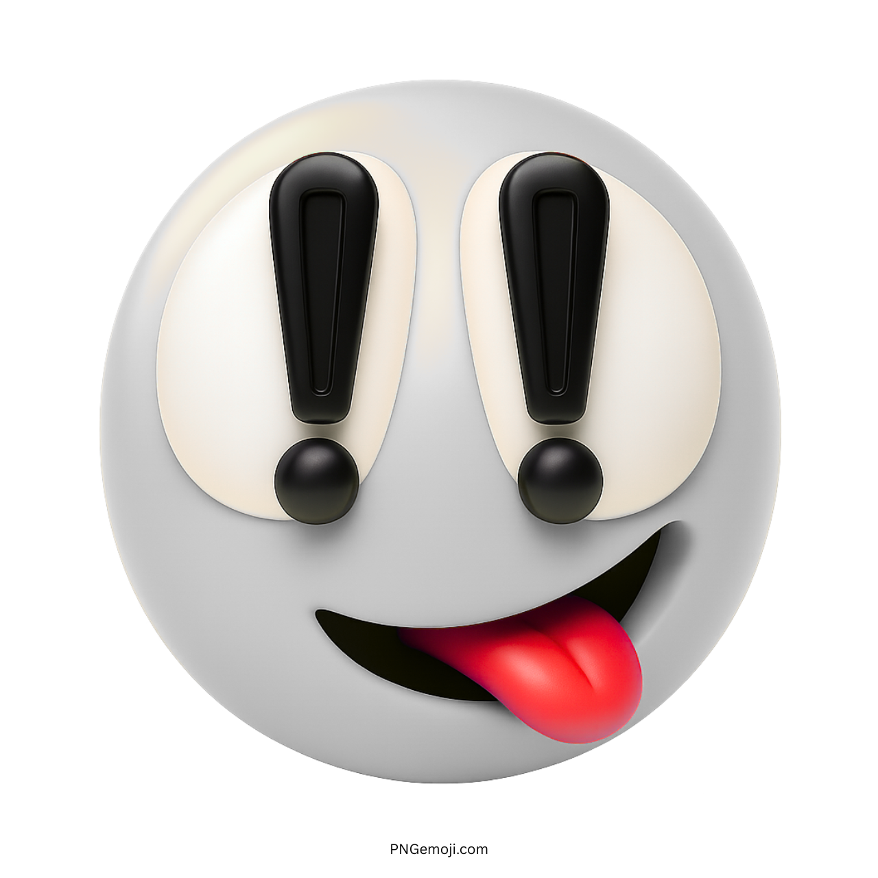 Gray emoji with exclamation eyes and red tongue in playful silly expression